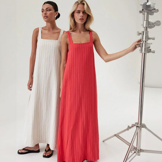 Women's Light Beige Cotton-Linen Maxi Dress – Vertical Stripe, Square Neck, Ankle-Length-67706-6f82ed9c-7b9c-41df-8c4e-de76e95c4e97