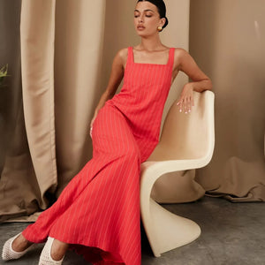 Women's Light Beige Cotton-Linen Maxi Dress – Vertical Stripe, Square Neck, Ankle-Length-67706-950527db-fd71-426e-862e-f644bcefb64c