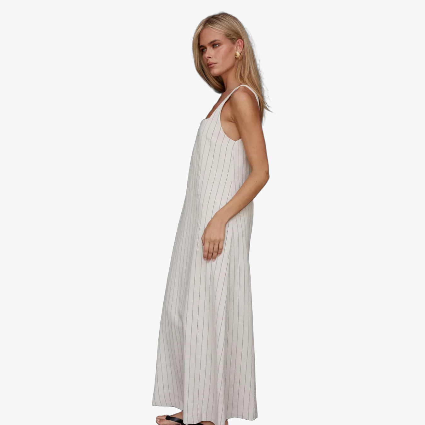 Women's Light Beige Cotton-Linen Maxi Dress – Vertical Stripe, Square Neck, Ankle-Length-67706-07925b3a-a189-4e17-9c07-497c3d46d5cb