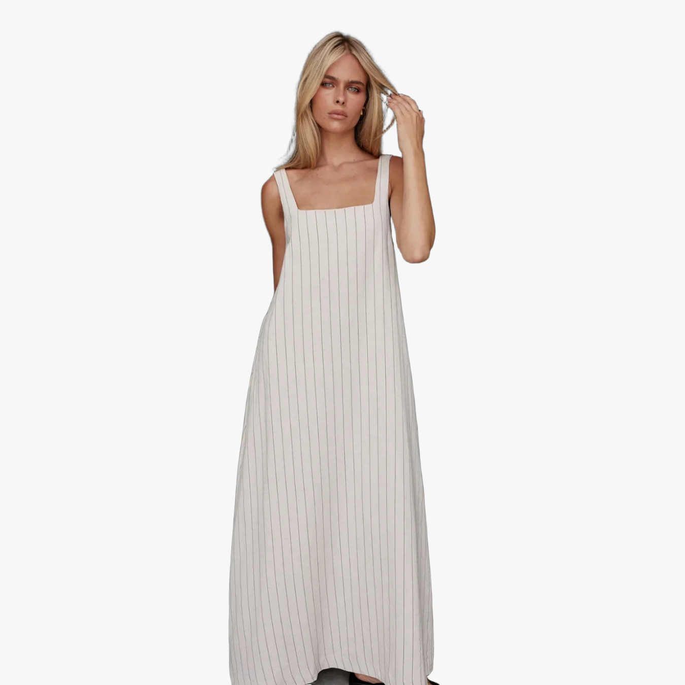 Women's Light Beige Cotton-Linen Maxi Dress – Vertical Stripe, Square Neck, Ankle-Length-67706-b06e5239-783d-4603-a771-f76835dcdb30