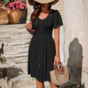 Women's Textured A-Line Dress – Button-Down, Flutter Sleeves, Knee-Length, Knitted Fabric, Pink/Blue/Black-67708-13260b17-3125-43e9-901b-cd147a2e800f