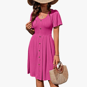 Women's Textured A-Line Dress – Button-Down, Flutter Sleeves, Knee-Length, Knitted Fabric, Pink/Blue/Black-67708-a5301a4b-d4f0-440a-bd3b-d6dcd2ee345e