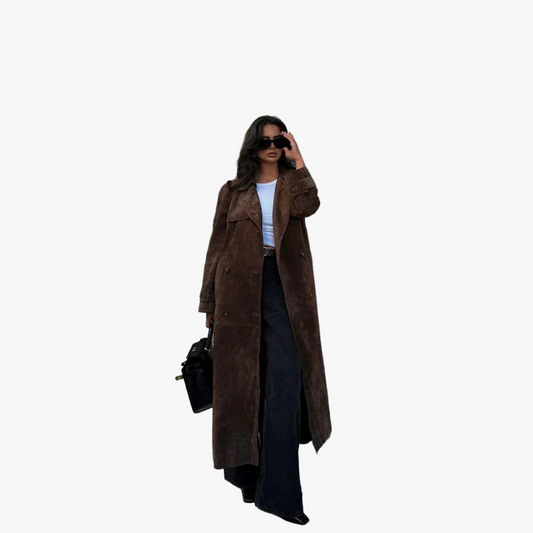 Women's Brown Suede Trench Coat – Double-Breasted, Oversized Fit, Mid-Calf Length-67715-6d4b767b-e6d7-4b5d-bc85-c43b0ae112c6
