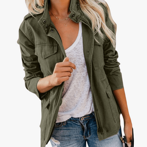 Women's Olive Green Military Jacket – Cotton Blend, Button-Zip Front, Casual Style-67720-3c1d8eee-79fb-4569-8bd9-d90c037ee6ec