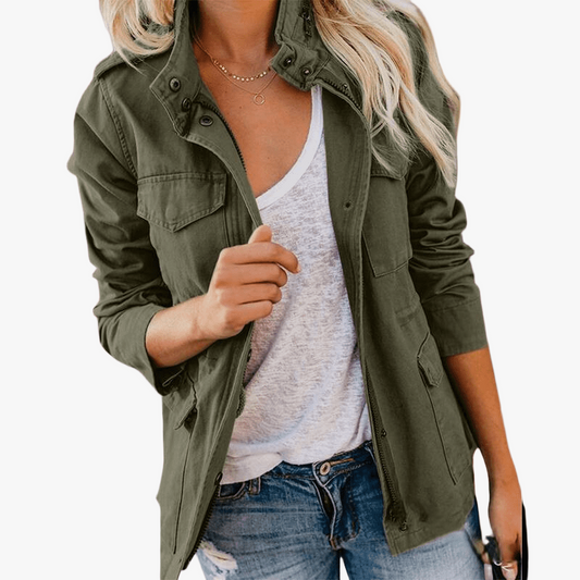 Women's Olive Green Military Jacket – Cotton Blend, Button-Zip Front, Casual Style-67720-3c1d8eee-79fb-4569-8bd9-d90c037ee6ec