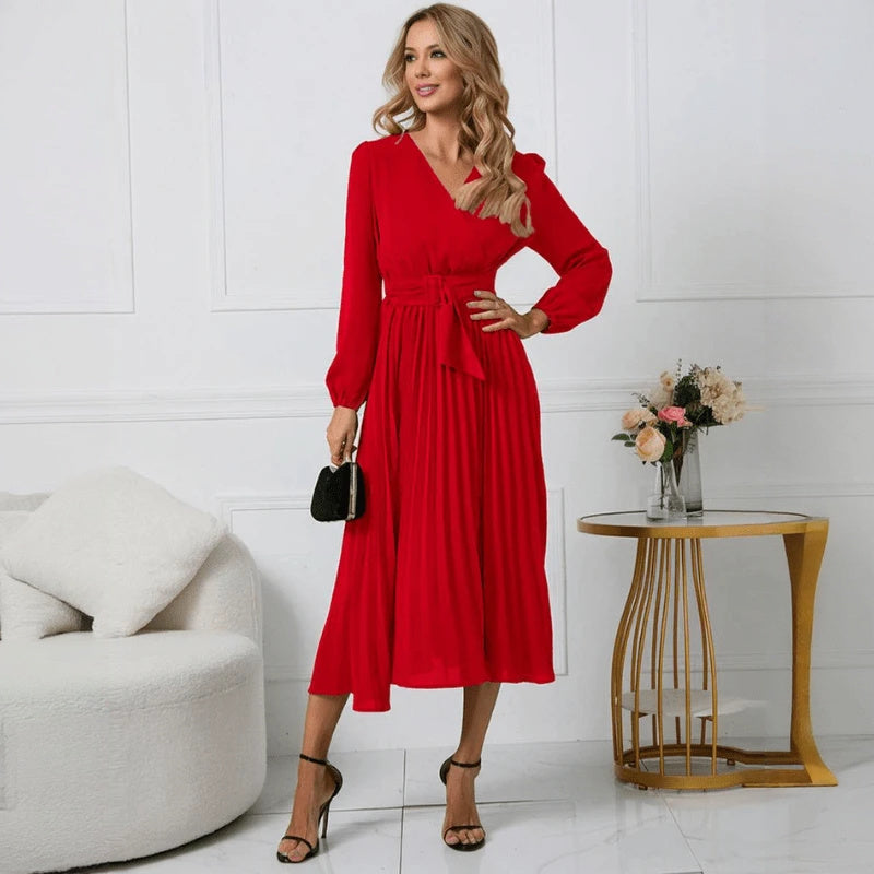 Women's Red Wrap Midi Dress – Pleated Skirt, Long Sleeve, Polyester Spandex-67729-4352cb71-80da-4a48-b6ba-11e13c576079