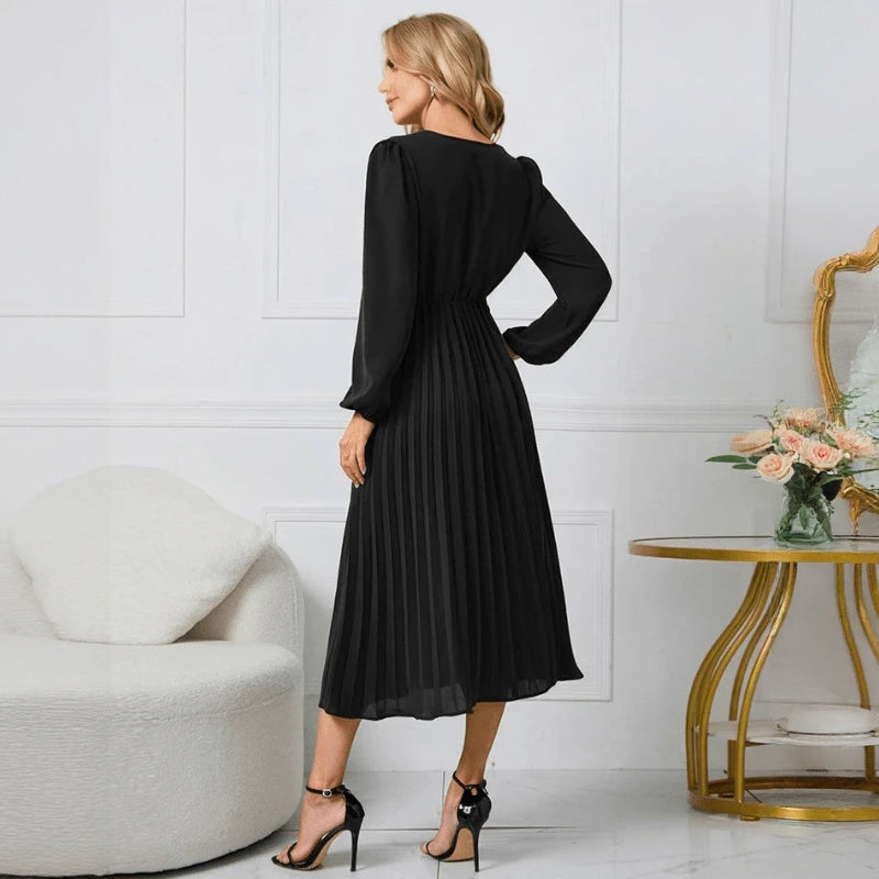 Women's Red Wrap Midi Dress – Pleated Skirt, Long Sleeve, Polyester Spandex-67729-1c67eeaf-898b-48d7-a936-c92ce50ba8e8