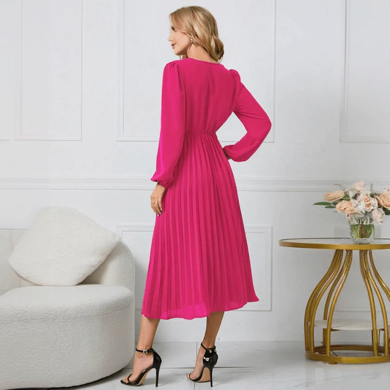 Women's Red Wrap Midi Dress – Pleated Skirt, Long Sleeve, Polyester Spandex-67729-f9254ffe-aa80-4360-a40c-8fe5290ffdf9