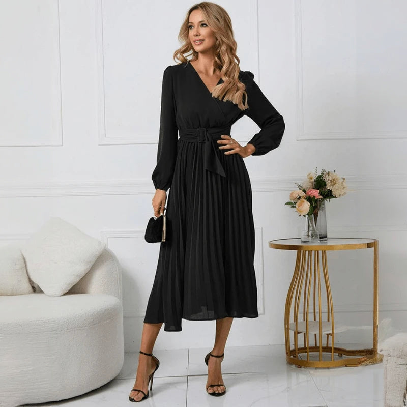Women's Red Wrap Midi Dress – Pleated Skirt, Long Sleeve, Polyester Spandex-67729-7623f8a8-efec-4686-9500-6a5d4441bd69
