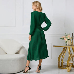 Women's Red Wrap Midi Dress – Pleated Skirt, Long Sleeve, Polyester Spandex-67729-971bcfc8-1320-4aca-a281-ed9126b316ef