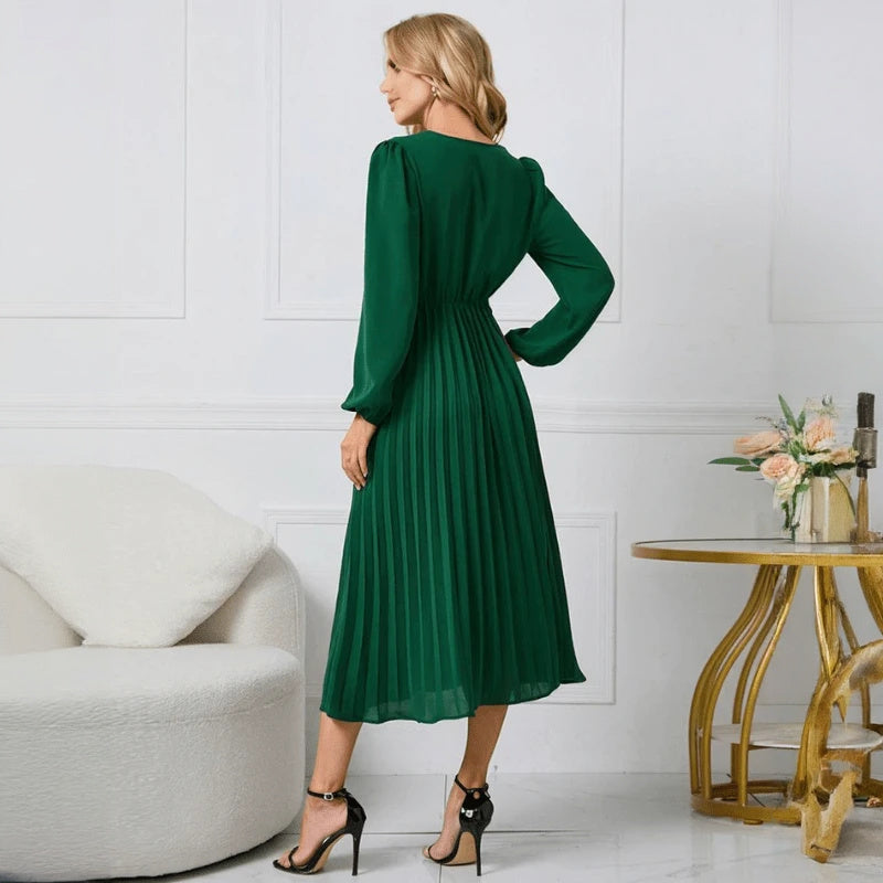 Women's Red Wrap Midi Dress – Pleated Skirt, Long Sleeve, Polyester Spandex-67729-971bcfc8-1320-4aca-a281-ed9126b316ef