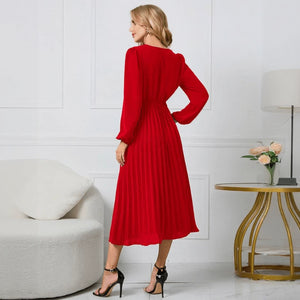 Women's Red Wrap Midi Dress – Pleated Skirt, Long Sleeve, Polyester Spandex-67729-cdc7f49c-2f27-4439-8190-94a08a4033bb