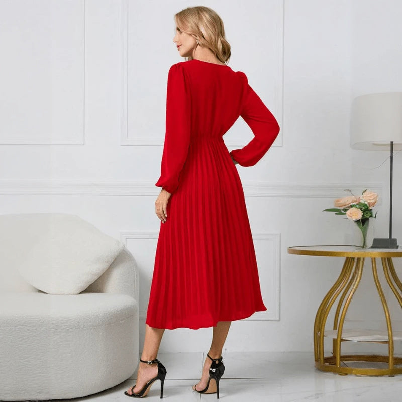 Women's Red Wrap Midi Dress – Pleated Skirt, Long Sleeve, Polyester Spandex-67729-cdc7f49c-2f27-4439-8190-94a08a4033bb