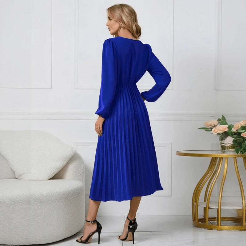 Women's Red Wrap Midi Dress – Pleated Skirt, Long Sleeve, Polyester Spandex-67729-7891f015-5e72-4984-a6e8-baecca7ae9f2
