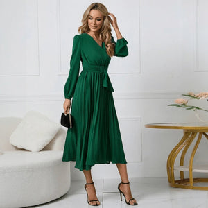Women's Red Wrap Midi Dress – Pleated Skirt, Long Sleeve, Polyester Spandex-67729-267e6788-bb4a-4b80-82a1-75a506a9c49b