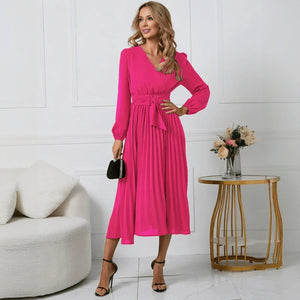 Women's Red Wrap Midi Dress – Pleated Skirt, Long Sleeve, Polyester Spandex-67729-8fb2b315-725e-4ee3-bd28-a9bd3ada43ac