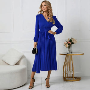 Women's Red Wrap Midi Dress – Pleated Skirt, Long Sleeve, Polyester Spandex-67729-b9d3093a-54c3-4208-bc1b-f60b9af676de