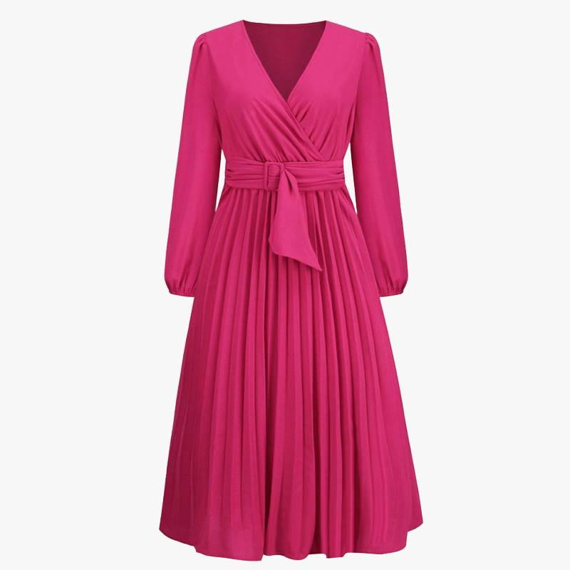 Women's Red Wrap Midi Dress – Pleated Skirt, Long Sleeve, Polyester Spandex-67729-e561db5a-f705-40ec-98d8-e68e8f64629d