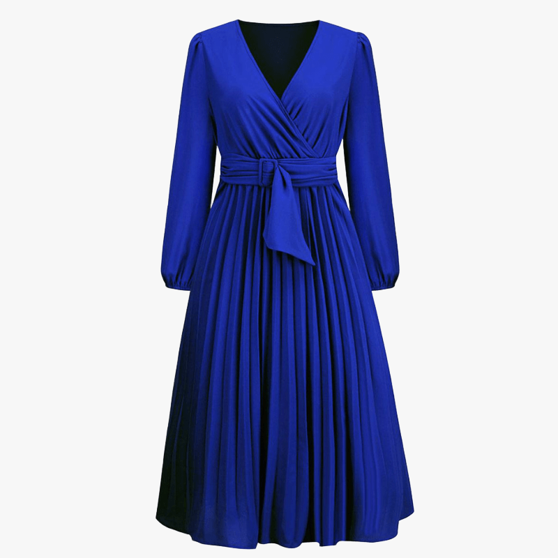 Women's Red Wrap Midi Dress – Pleated Skirt, Long Sleeve, Polyester Spandex-67729-674bb886-073c-48c1-9b37-d02464ec6bd2