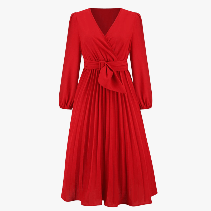 Women's Red Wrap Midi Dress – Pleated Skirt, Long Sleeve, Polyester Spandex-67729-50bb203d-9205-46ad-9323-135aa734e3cd