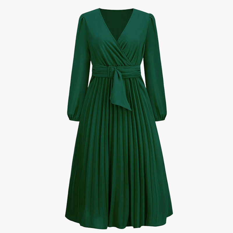 Women's Red Wrap Midi Dress – Pleated Skirt, Long Sleeve, Polyester Spandex-67729-95159357-d112-483a-b011-ab6f96c41de5