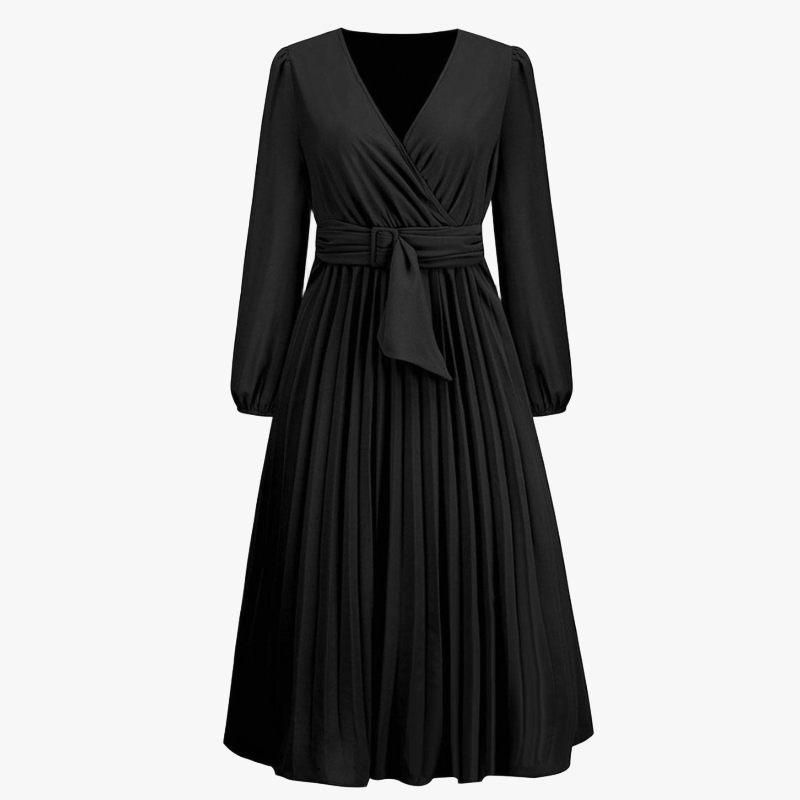 Women's Red Wrap Midi Dress – Pleated Skirt, Long Sleeve, Polyester Spandex-67729-1c6403dd-13a8-4502-abcb-2629a91b5a45