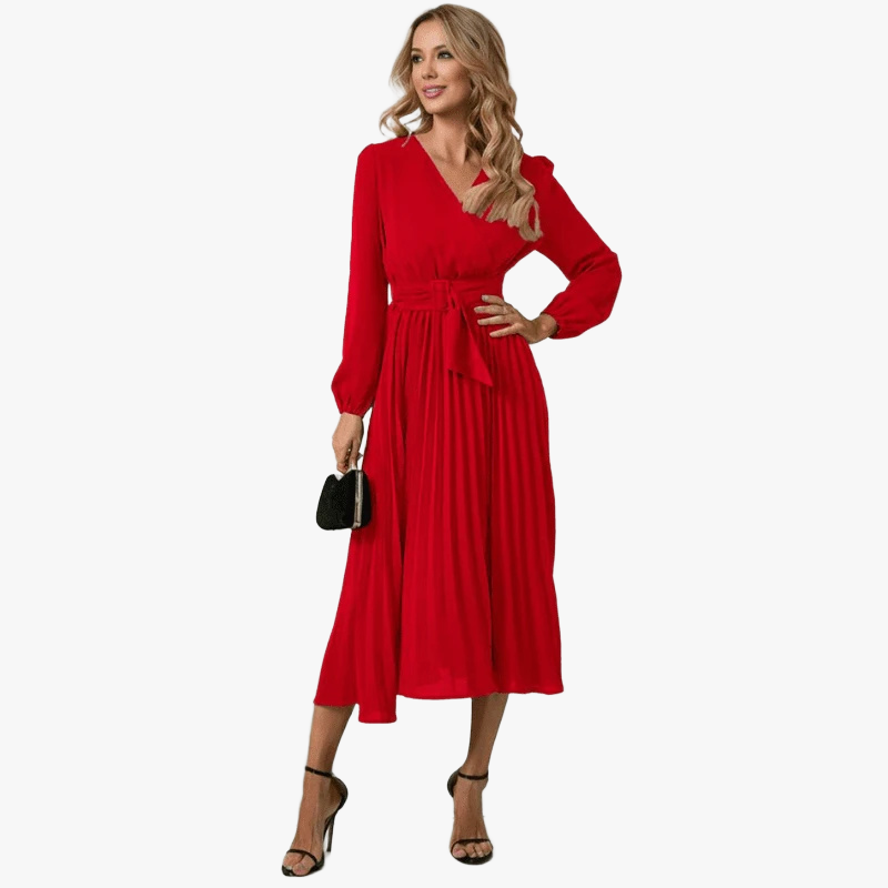 Women's Red Wrap Midi Dress – Pleated Skirt, Long Sleeve, Polyester Spandex-67729-67729_1742937278097