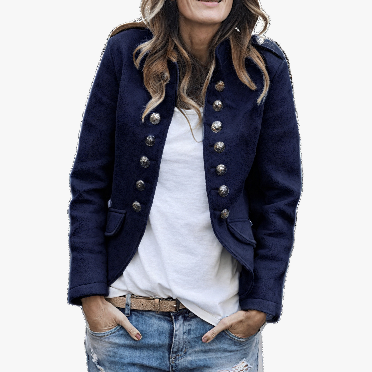 Women's Navy Military Jacket – Tailored Fit, Metallic Buttons, Structured Collar, Cotton Polyester Blend-67734-faada671-b38f-416c-9c7d-88c02cb9a3a4