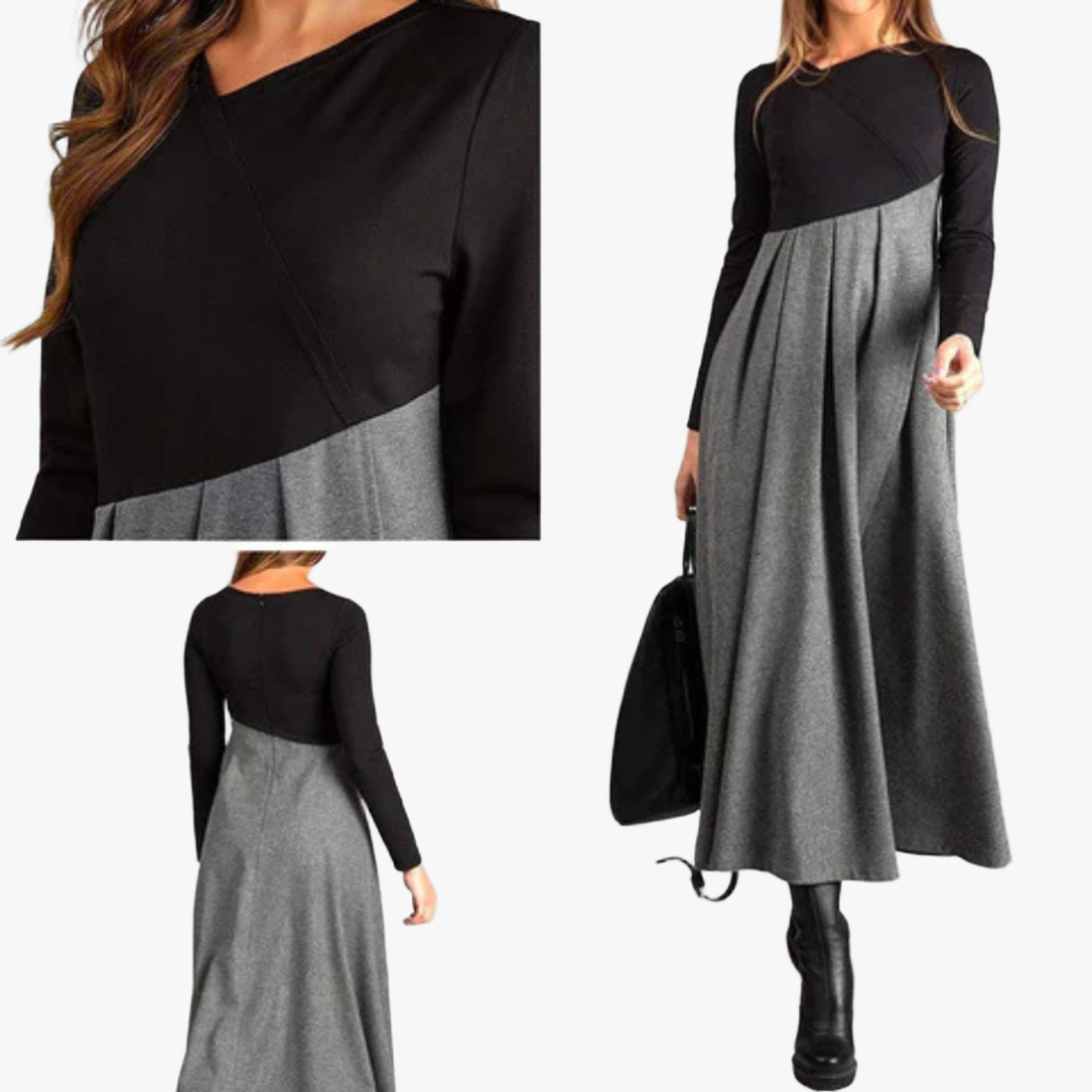 Women's Black Gray Two-Tone A-Line Dress – Cut-Out Neckline, Long Sleeve, Ankle-Length, Cotton Polyester-67735-dd0be2eb-991a-4da4-954c-1531b6685a0f