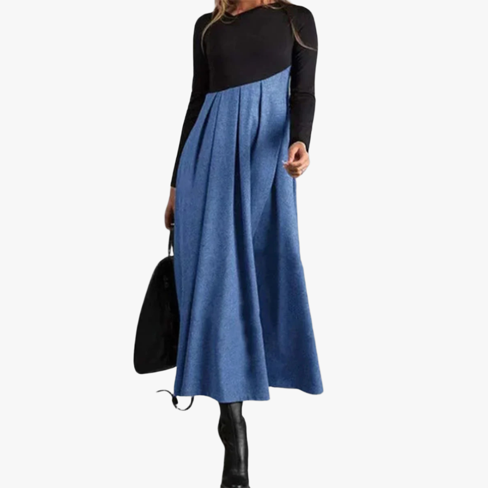 Women's Black Gray Two-Tone A-Line Dress – Cut-Out Neckline, Long Sleeve, Ankle-Length, Cotton Polyester-67735-d211ca64-00f5-4e45-8e23-211f0ed1263c