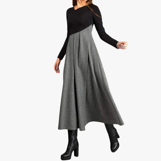 Women's Black Gray Two-Tone A-Line Dress – Cut-Out Neckline, Long Sleeve, Ankle-Length, Cotton Polyester-67735-c43387fc-7e4a-4415-8e03-c7943ff8890b