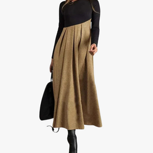 Women's Black Gray Two-Tone A-Line Dress – Cut-Out Neckline, Long Sleeve, Ankle-Length, Cotton Polyester-67735-86e61ab4-5809-4f5f-a7c7-ccbc19c9e43a