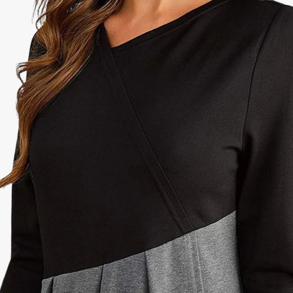 Women's Black Gray Two-Tone A-Line Dress – Cut-Out Neckline, Long Sleeve, Ankle-Length, Cotton Polyester-67735-39b5a3ed-62fa-4790-9de6-d2821d3a74f2