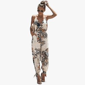 Women's Cream Floral Jumpsuit – Wide-Leg, Spaghetti Strap, Cotton Blend-67742-049ff546-029b-4f7e-82a7-3b7f776580be
