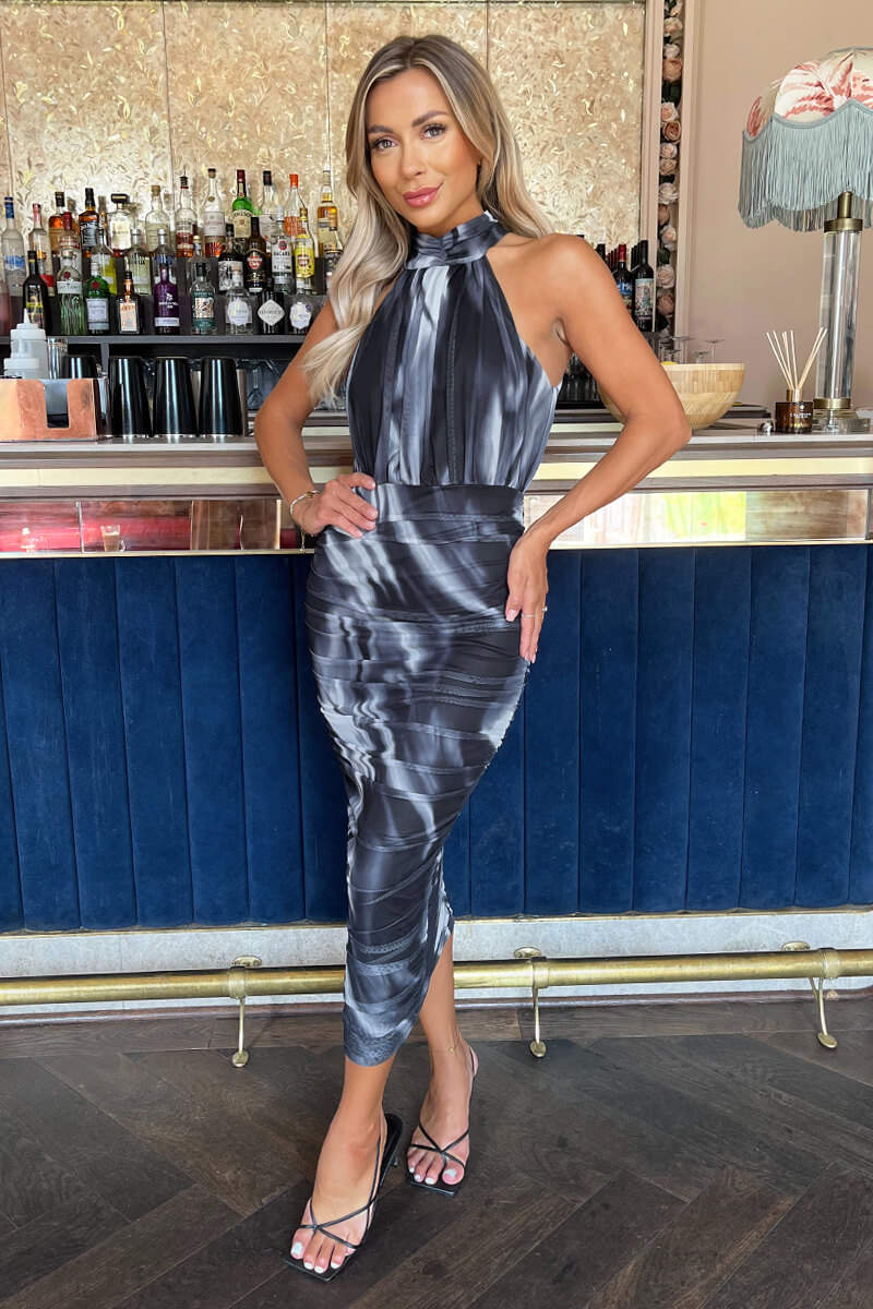 Women's Gray Tie-Dye Halter Midi Dress with Side Slit, Fitted Waist, Modern Chic Style-78408-69baa280-acec-46ee-94cd-8bce80907c9f