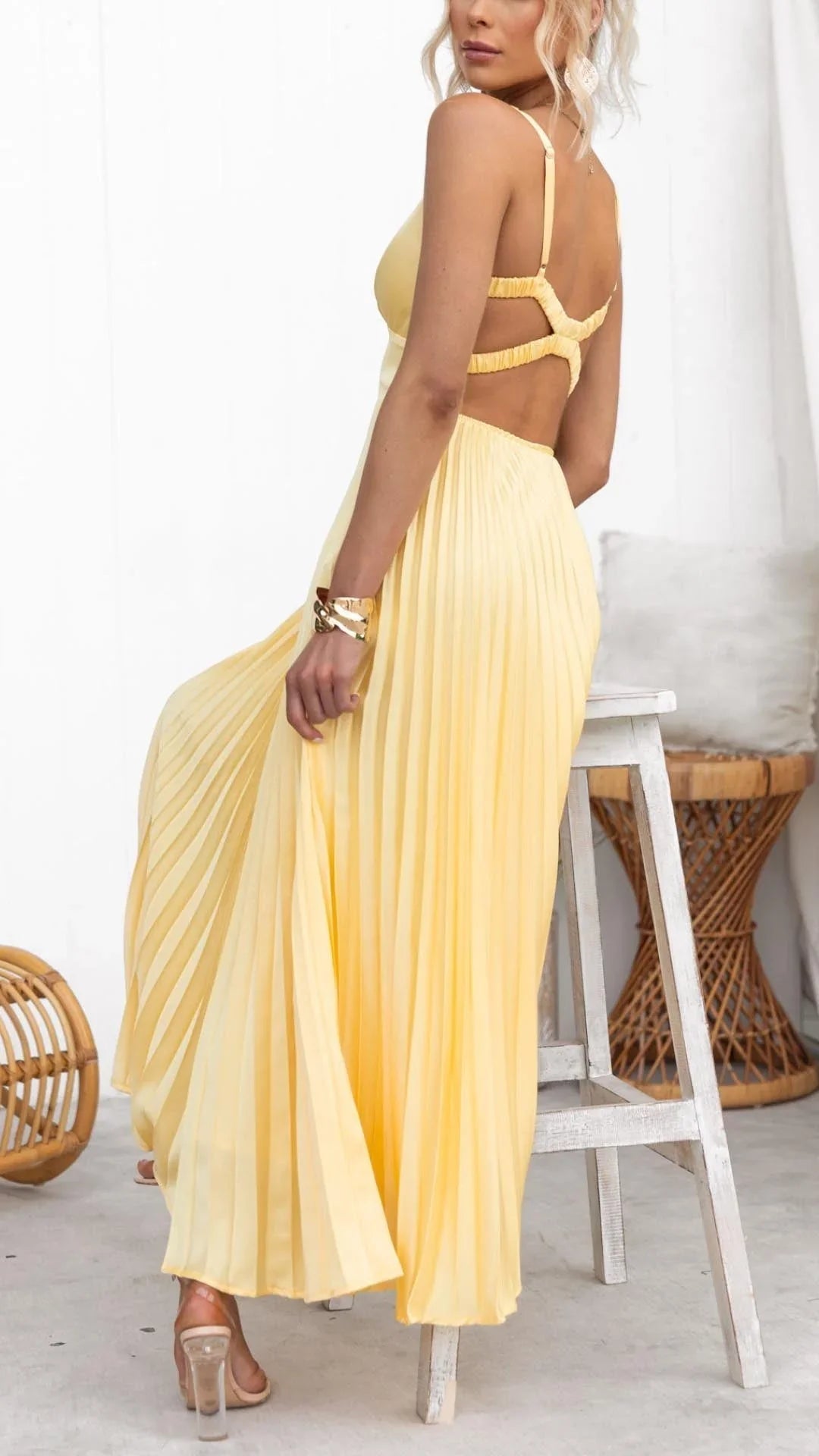 Women's Yellow Pleated Maxi Dress – V-Neck, Thin Straps, Lightweight Fabric-83170-69c58601-ebb9-4130-a747-c8790b8c253e