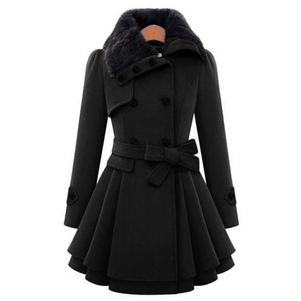 Women's Double-Breasted Winter Coat – Faux Fur Collar, Flared Skirt, Waist Belt, Sydney Wardrobe-82347-6a4a9819-bc05-4bf3-a09d-739589593ca9