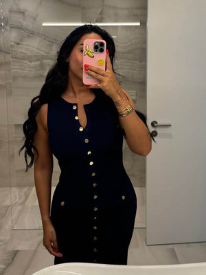 Women's Sleeveless Ribbed Knit Midi Dress with Gold Buttons, Fitted Silhouette-77217-6bc5a675-ebe9-46e6-9579-1265cabe1706