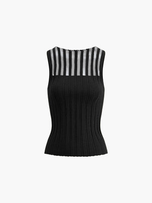 Women's Sleeveless Ribbed Knit Top – Sheer Panel, Fitted, Brown/Black-81360-6d6f09ac-4752-41b0-943b-70ad4ce7f124