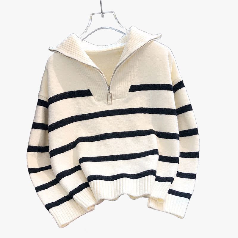 Women's Half-Zip Striped Knit Sweater – Oversized Fit, Cotton Blend-71079-43983ae2-5fe3-44e2-9bf6-3ab6590c386f
