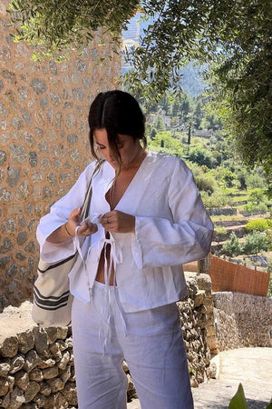 Women's Linen Two-Piece Outfit – Long Sleeve Tie-Front Top & Elastic Waist Shorts, Relaxed Fit-83296-7128b82b-2f99-4a39-bce2-a5e979173fc8