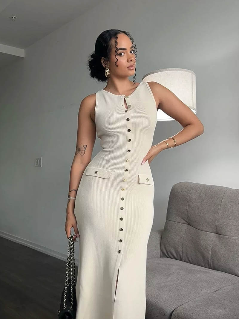 Women's Sleeveless Ribbed Knit Midi Dress with Gold Buttons, Fitted Silhouette-77217-715cd4ba-234e-4bfb-a11e-b95ead829a24