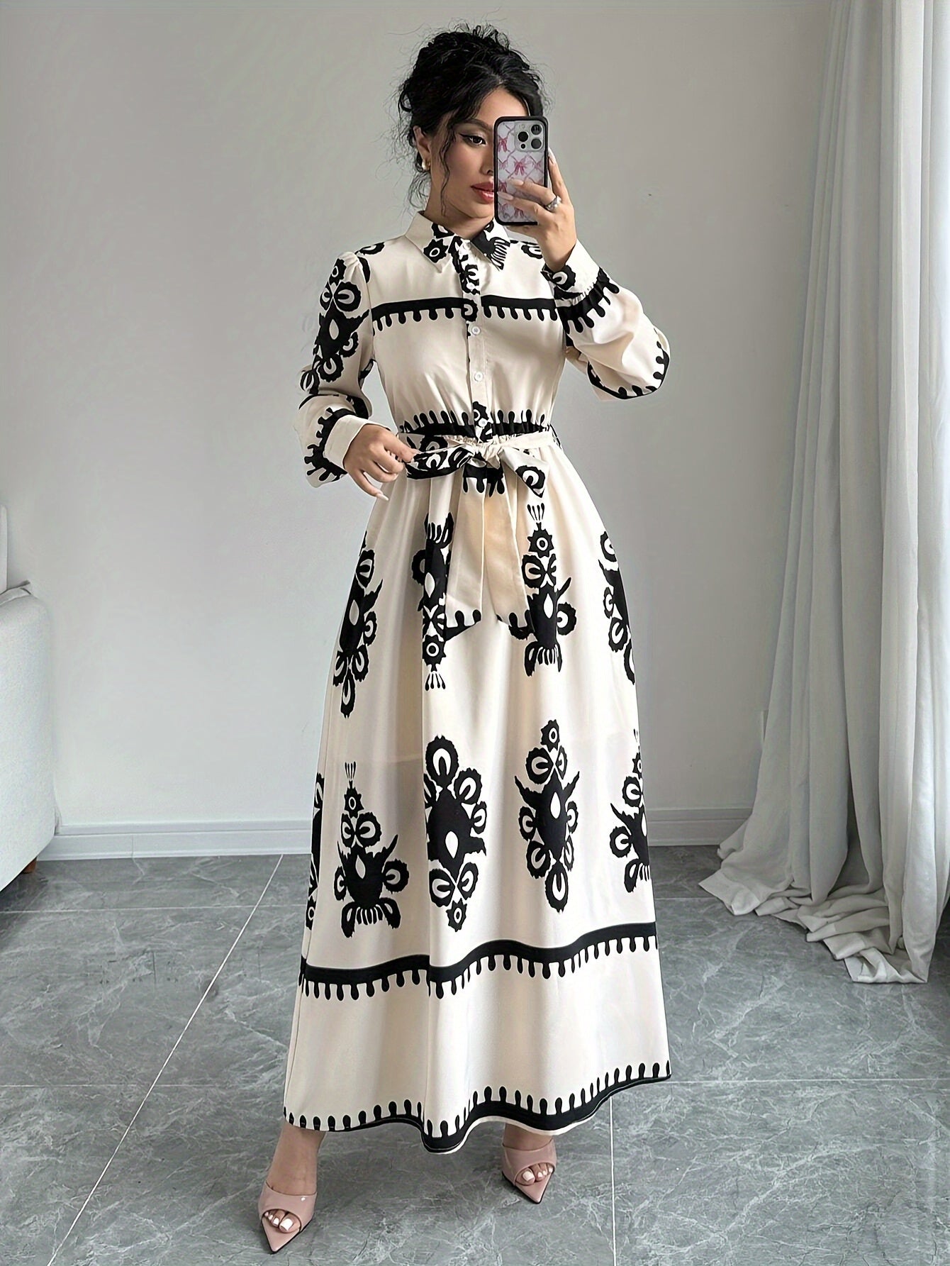 Women's Printed Long-Sleeved Dress with Tie Belt – Unique Pattern, Sydney Wardrobe-83357-71fffb70-7c6d-4d5b-a69e-33e8ab6b0ee1