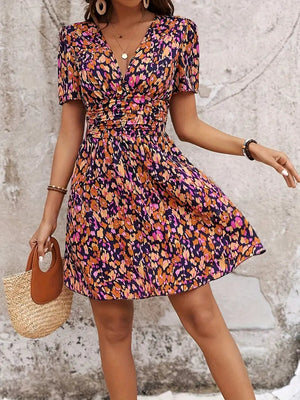 Women's Floral Print V-Neck Dress – Purple Ruched Waist, Short Sleeve, Bohemian Style-82499-728faed4-0641-48ab-8010-1d611032fa1d