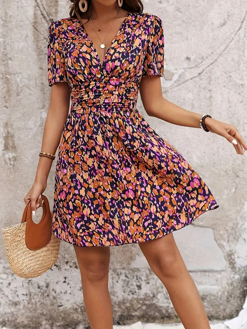 Women's Floral Print V-Neck Dress – Purple Ruched Waist, Short Sleeve, Bohemian Style-82499-728faed4-0641-48ab-8010-1d611032fa1d