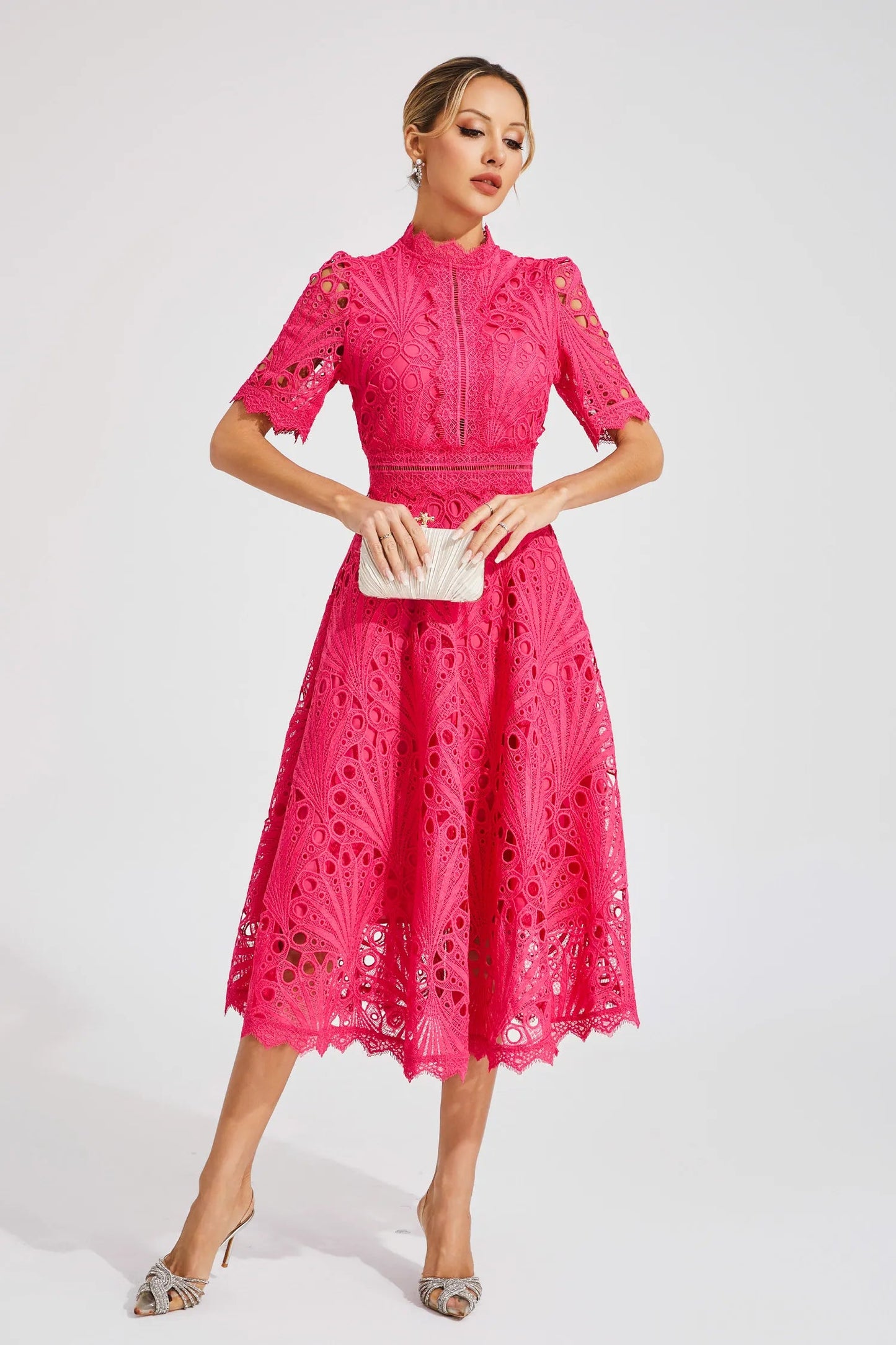 Women's Lace Midi Dress – High Neck, Short Sleeve, Cut-Out Detail-83326-733c6060-c474-47e1-b5c2-53a949ef93ec