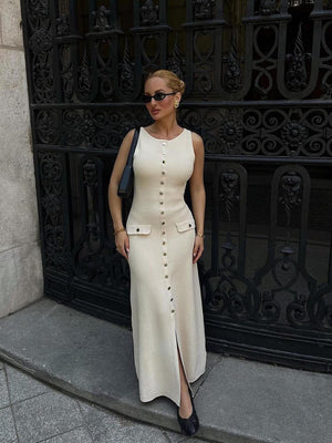 Women's Sleeveless Ribbed Knit Midi Dress with Gold Buttons, Fitted Silhouette-77217-738a7d71-d774-4a34-9dfd-0b9a85d6d7d3
