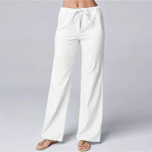 Women's Wide-Leg Linen Blend Pants - Drawstring Waist, Relaxed Fit, Beige Black White Gray-83219-73d1db1e-a7bc-4e9d-86b4-6fc86d0afa06