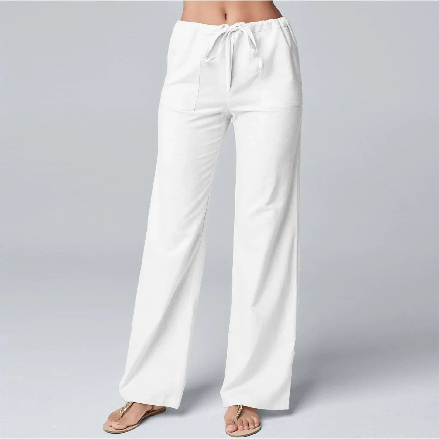 Women's Wide-Leg Linen Blend Pants - Drawstring Waist, Relaxed Fit, Beige Black White Gray-83219-73d1db1e-a7bc-4e9d-86b4-6fc86d0afa06