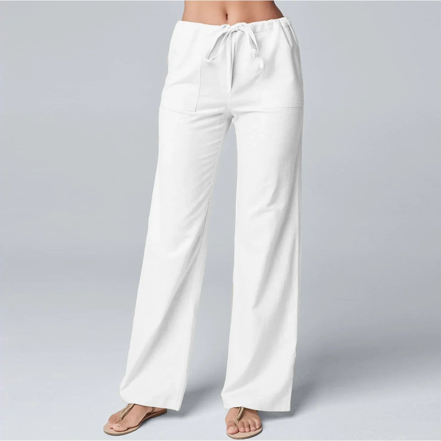 Women's Wide-Leg Linen Blend Pants - Drawstring Waist, Relaxed Fit, Beige Black White Gray-83219-73d1db1e-a7bc-4e9d-86b4-6fc86d0afa06